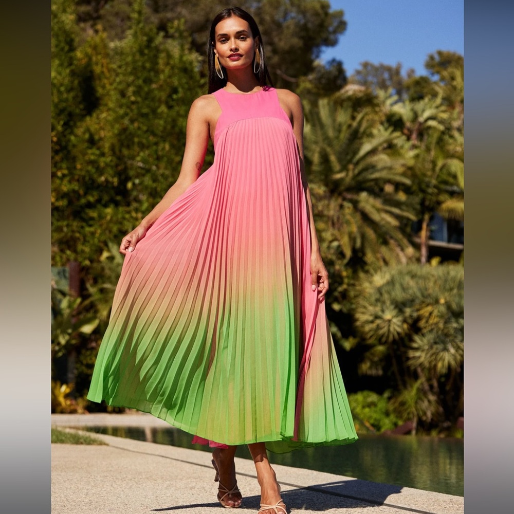 pink and green pleated dress Unique Vintage Green Vintage Rose Square Neck Pleated Swing Dress main image 1